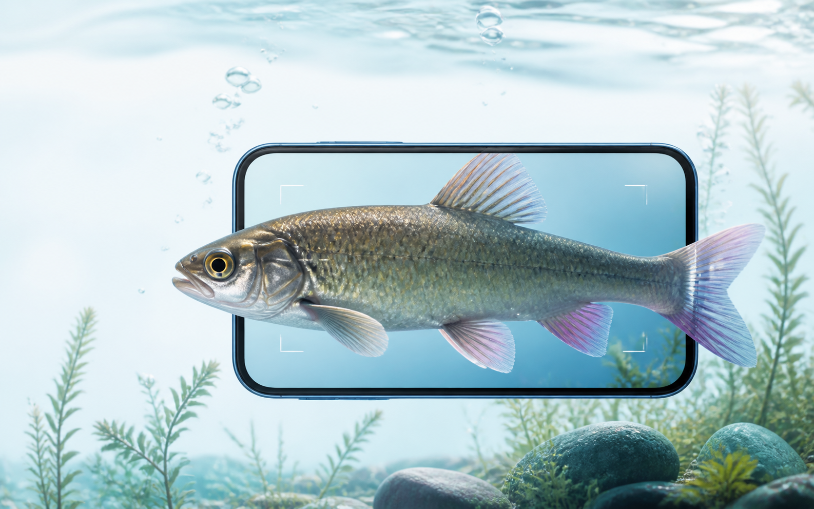 Original editorial illustration of a generic freshwater fish crossing an unbranded mobile observation frame